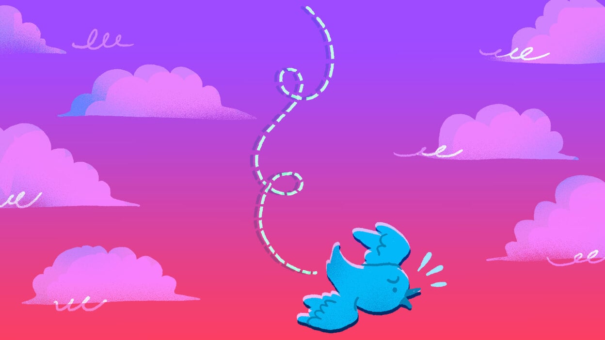 Twitter bird logo falling out of the sky