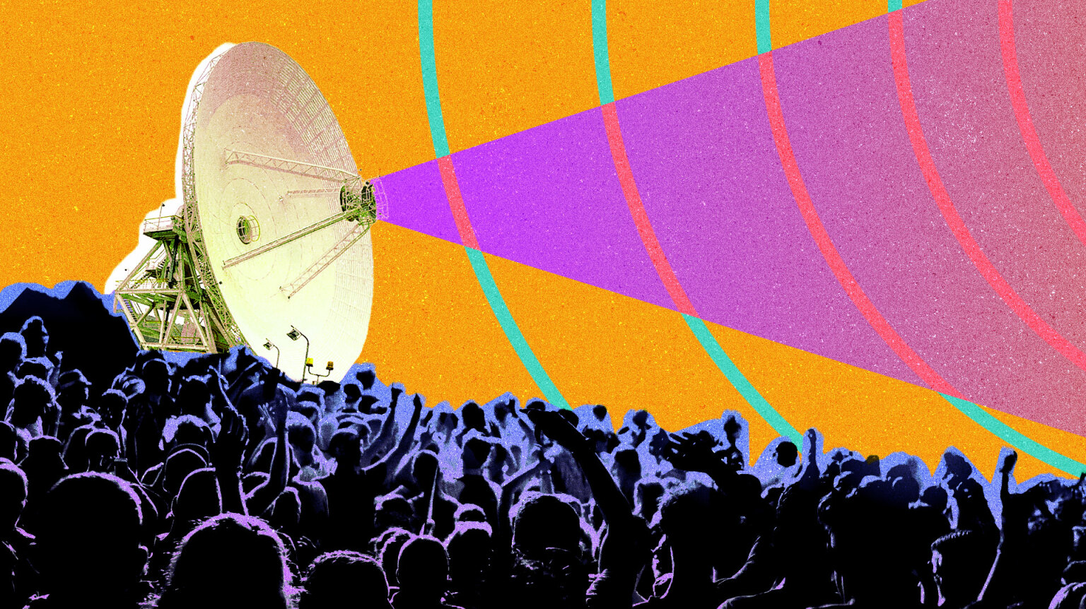 a large radio antenna with a crowd of people below