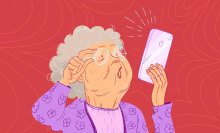 Illustration of a grandmotherly character adjusting her glasses and looking at an iPhone. 