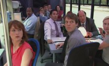 The cast of "The Office" together on a bus.