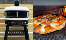 White pizza oven next to a Neapolitan style pizza