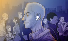 A drawing of a man in the foreground with wireless headphones on, in a busy area with many others with wireless headphones on in the background. 