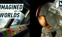 Split Screen. On the left, an image from the exhibition shows Earth as seen from a space ship. On the left, a close up from a space suit from Apollo 13. Caption reads: "Imagined worlds"