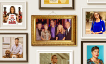 A gallery wall of pictures showing the Shark Tank investors surrounded by photos of the entrepreneurs
