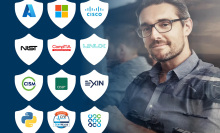 man next to all the cybersecurity training logos