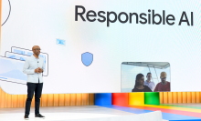 A Google executive standing in front of a slide that says 'responsible AI'