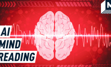 An illustration of a brain seen from above against a red futuristic backdrop. Caption reads: AI MIND READING.