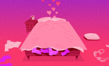 illustration of two people under the covers in bed with clothes strewn around the room