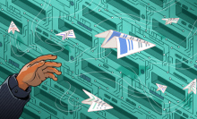 A hand throws paper airplanes made from resumes across a green tech-themed background pattern