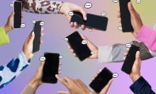 Hands holding smartphones with speech bubbles