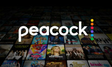 peacock logo with show posters scrolling in background