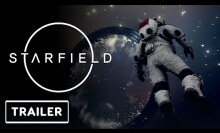 astronaut floats in asteroid field. To his right is a superimposed image of the 'Starfield' logo