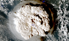 A satellite image showing the tremendous plume from Tonga's Hunga Volcano in early 2022.