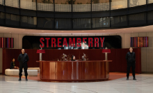 The lobby of a streaming company called Streamberry in the show "Black Mirror"