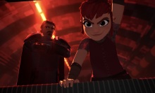 A knight in black armor and a young girl with pink hair stare menacingly into the trunk of a car.