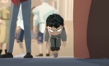 An animated image shows a small child with glowing white eyes hovering through a crowded street.