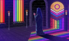 A person praying with the pride flag in the background.