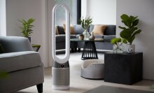 Dyson Purifier Cool smart air purifier standing in a living room surrounded by a couch, dog bed, plants, and more.
