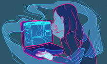Illustration of a woman crying while using a laptop, with ghostly hands coming out of the screen.