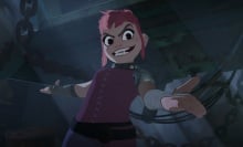 A young girl with pink hair grins, exposing fangs, and extends her hands in a big gesture.