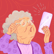 Illustration of a grandmotherly character adjusting her glasses and looking at an iPhone. 