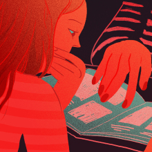 An illustration of a girl reading over a book with another person flipping the pages.
