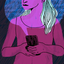 An illustration of a young woman holding a phone, looking concerned. 