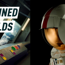 Split Screen. On the left, an image from the exhibition shows Earth as seen from a space ship. On the left, a close up from a space suit from Apollo 13. Caption reads: "Imagined worlds"