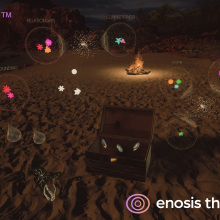 A rendering of a VR scenario that includes a beach setting and glowing objects that represent someone's insights. 