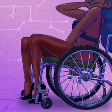 Illustration of Black woman in a wheelchair, dressed in underwear. 