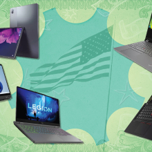 Collage of Lenovo products with an American flag in the background
