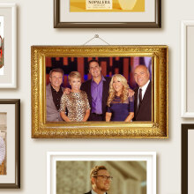 A gallery wall of pictures showing the Shark Tank investors surrounded by photos of the entrepreneurs