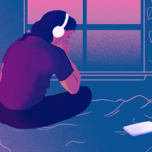 An illustration of a teen sitting on a bed looking sad and listening to headphones.