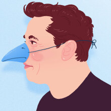 illustration of elon musk wearing a blue beak mask
