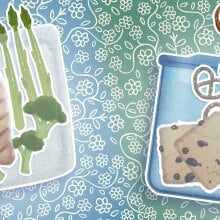 side by side illustrations of a stasher bag containing chicken, asparagus, and broccoli florets and a ziploc endurables bag filled with cookies and pretzels