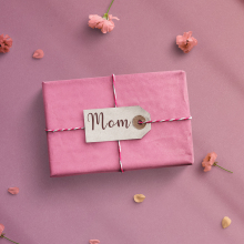 Pink gift top view. mothers day text on banner - stock photo