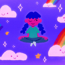 A girl meditating amidst clouds and rainbows.