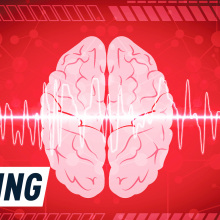 An illustration of a brain seen from above against a red futuristic backdrop. Caption reads: AI MIND READING.