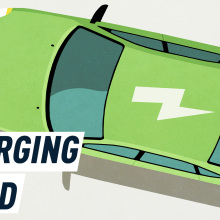Bird's eye view of a green EV with an electricity sign on its roof. Caption reads: Charging Speed
