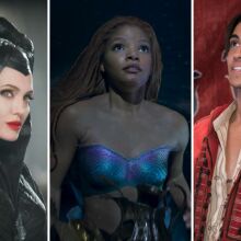 Composite of images from "Maleficent," "The Little Mermaid," and "Aladdin," live-action remakes. 