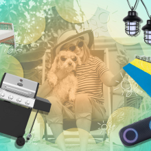 Collage graphic of Walmart products, including a grill, string lights, outdoor speaker, outdoor loveseat