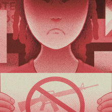 An illustration of a frowning person holding an anti-gun violence protest sign. Behind them are numerous other signs symbolizing other social justice causes. 