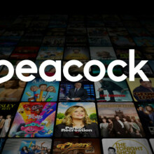 peacock logo with show posters scrolling in background