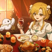 A screenshot of your daughter in Volcano Princess enjoying a birthday meal.
