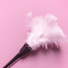 A close up of a feather tickler used for erotic role play, on a pale pink background. 