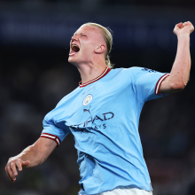 Erling Haaland of Manchester City celebrates after the team's victory during the UEFA Champions League