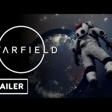 astronaut floats in asteroid field. To his right is a superimposed image of the 'Starfield' logo