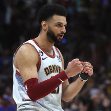 Jamal Murray #27 of the Denver Nuggets reacts during the fourth quarter against the Miami Heat in Game Five of the 2023 NBA Finals at Ball Arena