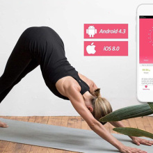Woman doing a yoga pose with depictions of the Roomie companion app overlaid