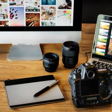 camera with desktop, tablet and laptop